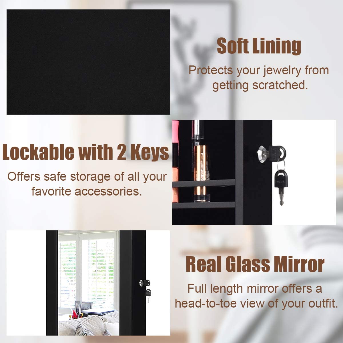 GOPLUS 2 en 1 Armoire à Bijoux avec Miroir, Organisateur de Bijoux Mural avec Lumières LED Automatiques, Armoire de Rangement Cosmétiques Verrouillable pour Chambre, Vestiaire (Noir)