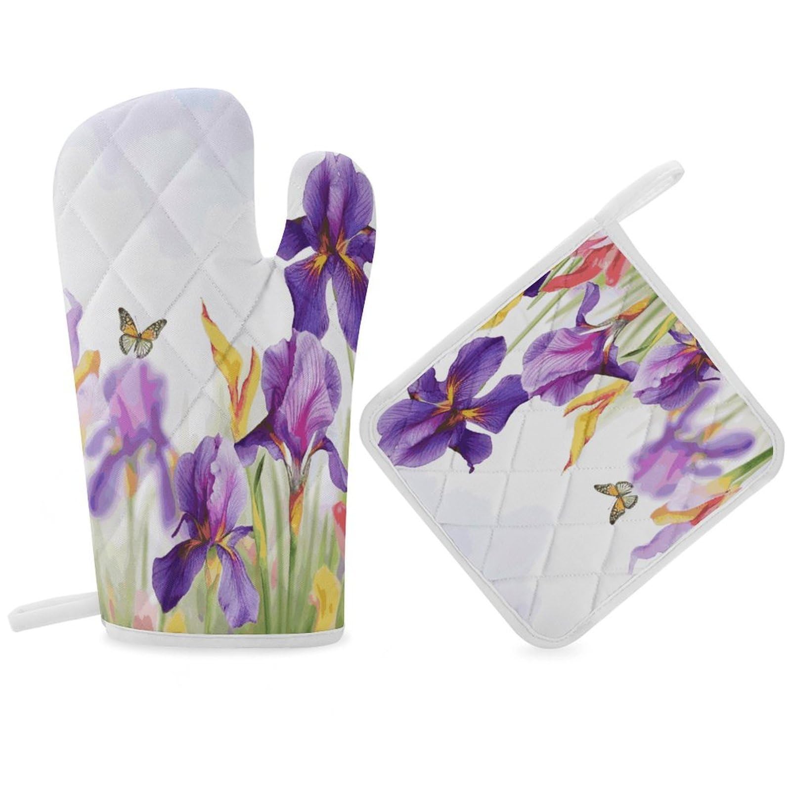 Fodpand Women's Style Iris Flower Butterfly Oven Mitts And Pot Holders Sets,Oven Gloves For Kitchen Oven Mitts And Potholders For Baking Cooking Grilling Apartment Essentials