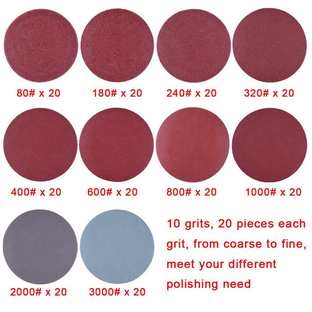Lot de 200 disques abrasifs 50 mm 2" 80-3000 avec papier abrasif 1" + tige 1/4" pour outils rotatifs