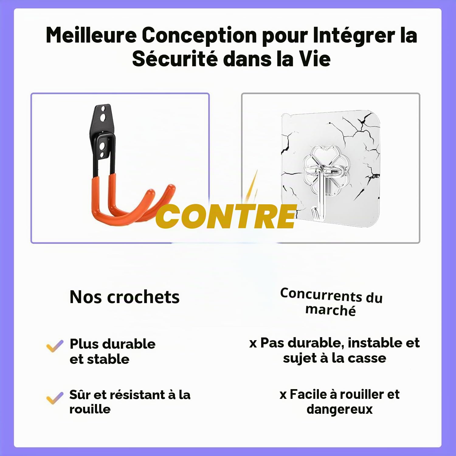 Lot de 24 crochets de garage en acier robuste pour rangement de garage, support mural pour vélos, outils de jardin, échelles, articles en vrac, cordes et autres équipements