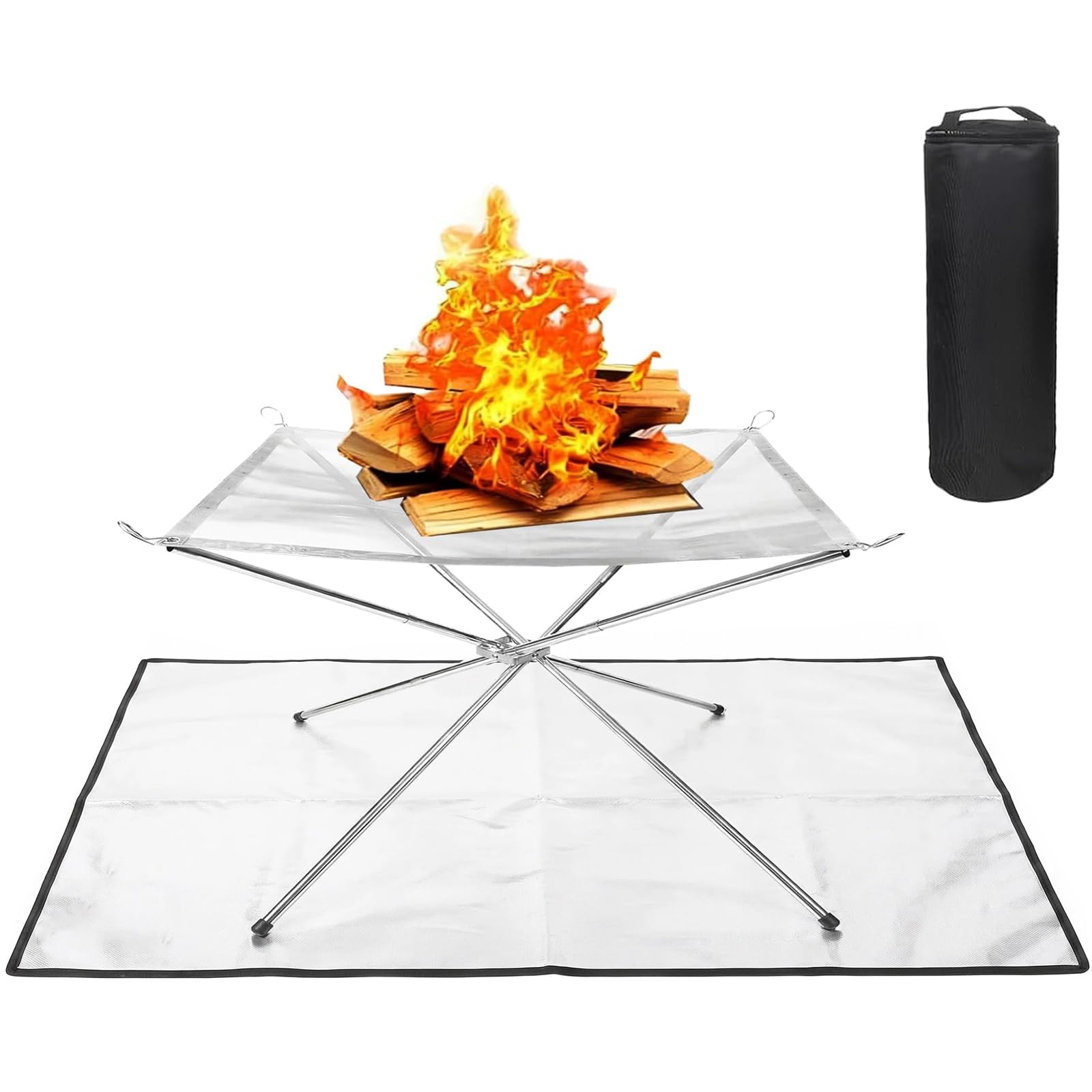 Portable 42 cm Fire Bowl with 50 x 100 cm Fire Protection Mat - Foldable Outdoor Fire Pit for Camping, Garden & Beach - Compact Stainless Steel Campfire Frame Including Carry Bag & XL Floor Protection