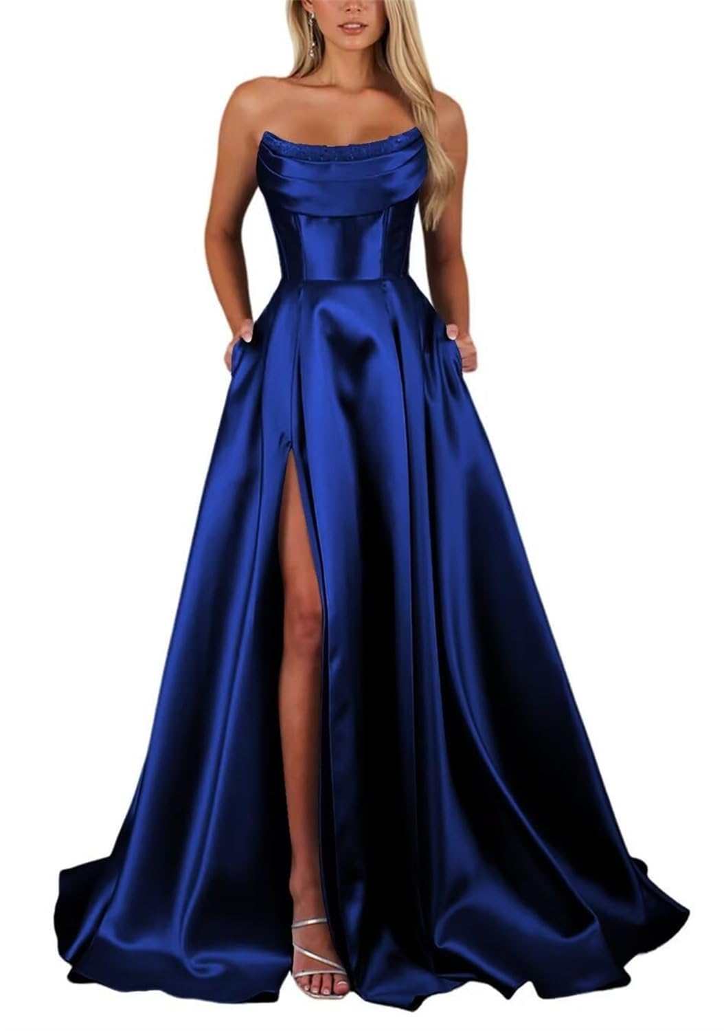 Strapless Prom Dresses for for Women with Slit Corset Ball Gown Floor Length Solid Formal Dress Evening Gowns UK8 Royal Blue
