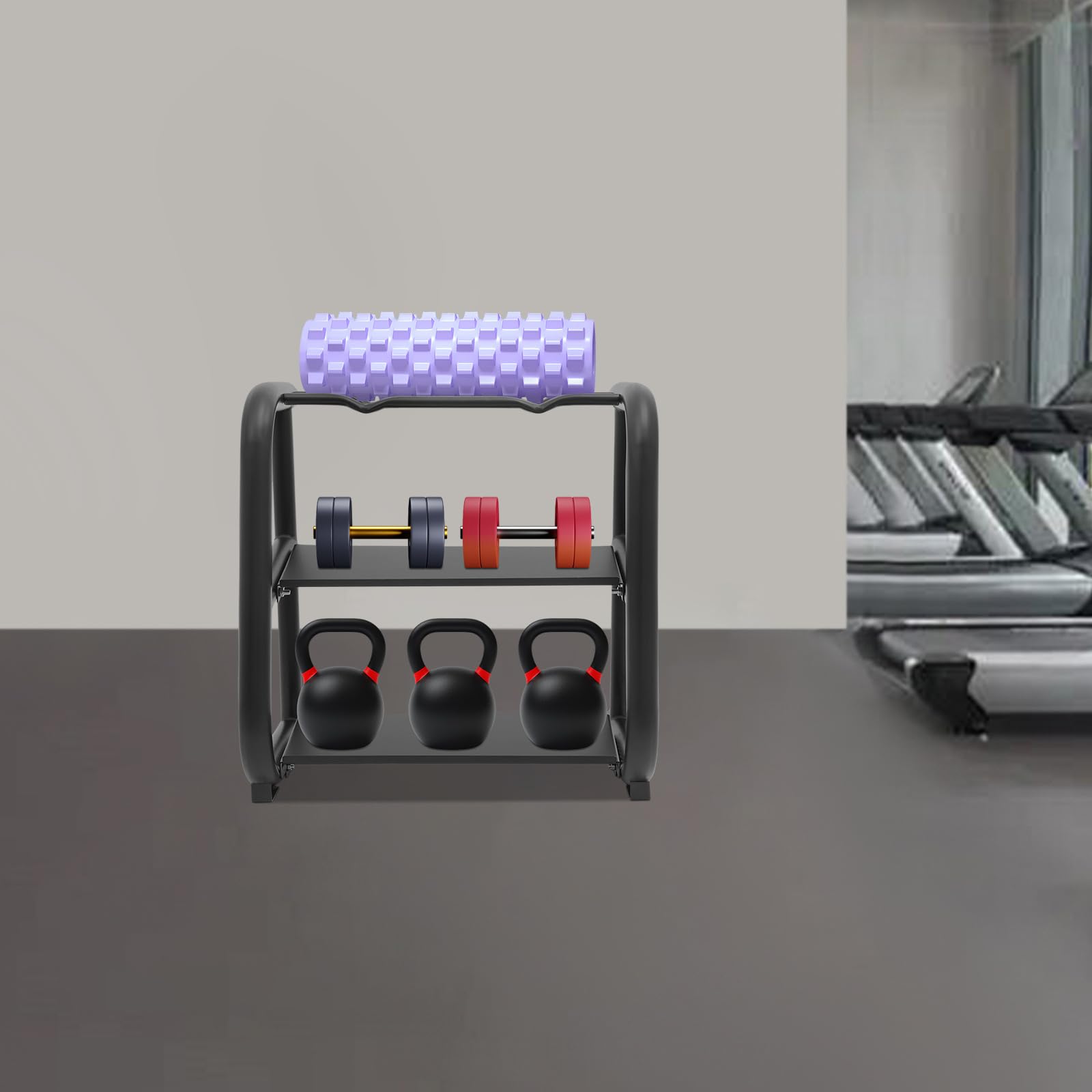 Supporto multifunzione a 3 livelli, supporto per bilancieri, supporto kettlebell, capacità di carico 100 kg, per la conservazione di manubri, bilancieri e kettlebell