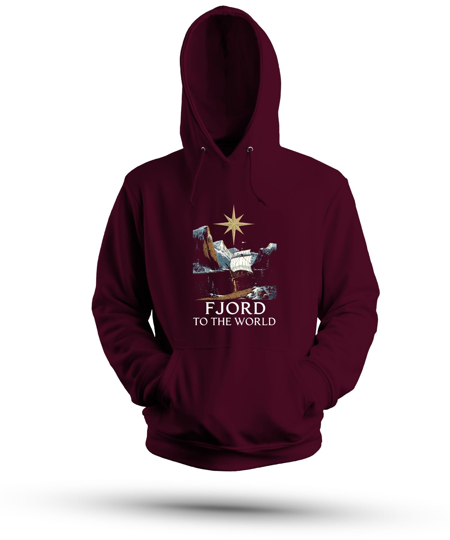 Fjord to The World statek wikingów skandynawska gwiazda unisex bluza z kapturem, burgundowa, M