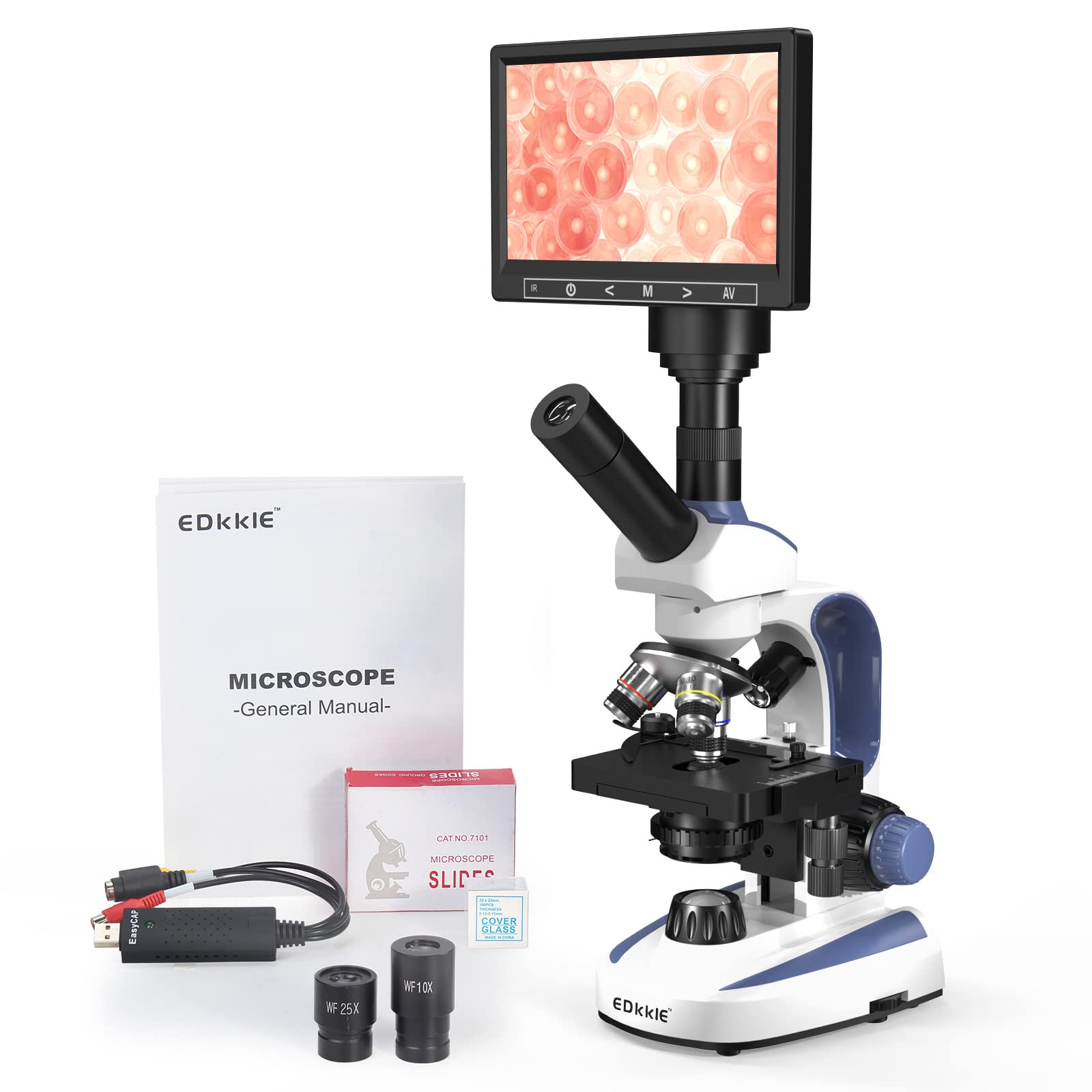 Created for Observing Live Blood - EDKKIE 40X-1000X Lab Compound Monocular Microscope Built-in 5MP Camera with 7’’ Screen, Wide-Field 10X/25X Eyepieces, Double Layer Mechanical Stage