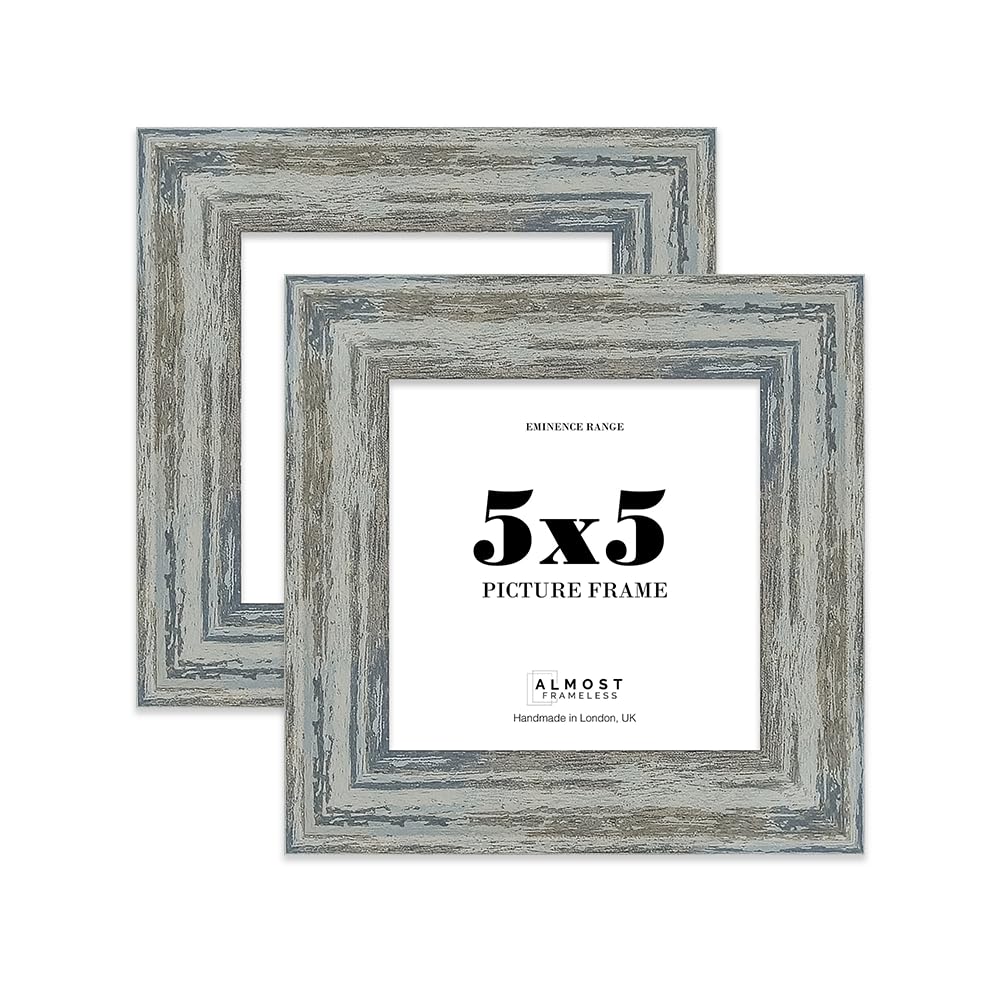 5x5" Distressed Blue Picture Frame - Rustic Wood Industrial Effect Photo Frame for Wall Display, Ideal for Posters, Prints & Home Décor, Wall Hooks and Kickstand, 32mm Edge - 2 Pack — image 1