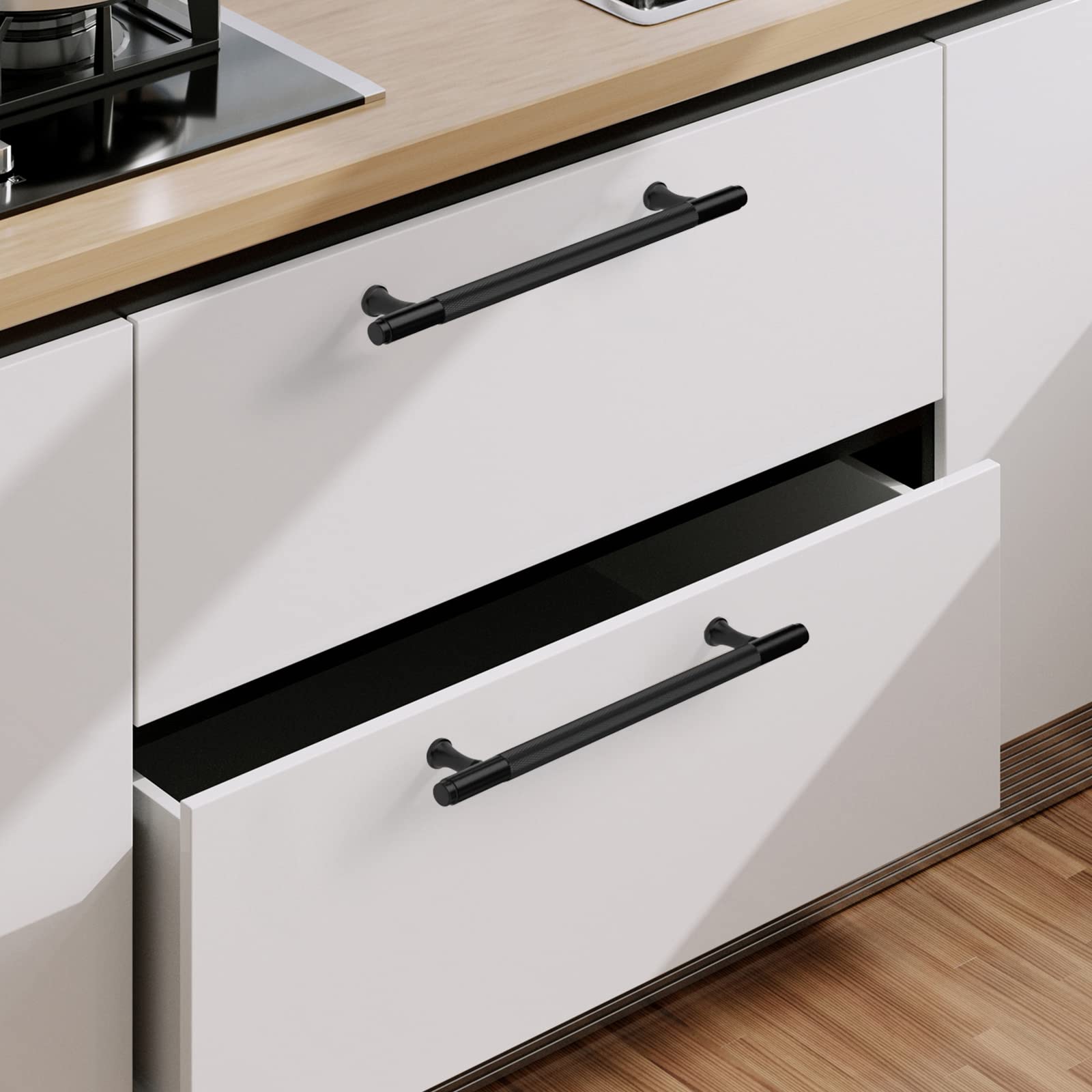 9BUILD 10 Pack 7 Inch Knurled Cabinet Pulls Matte Black
