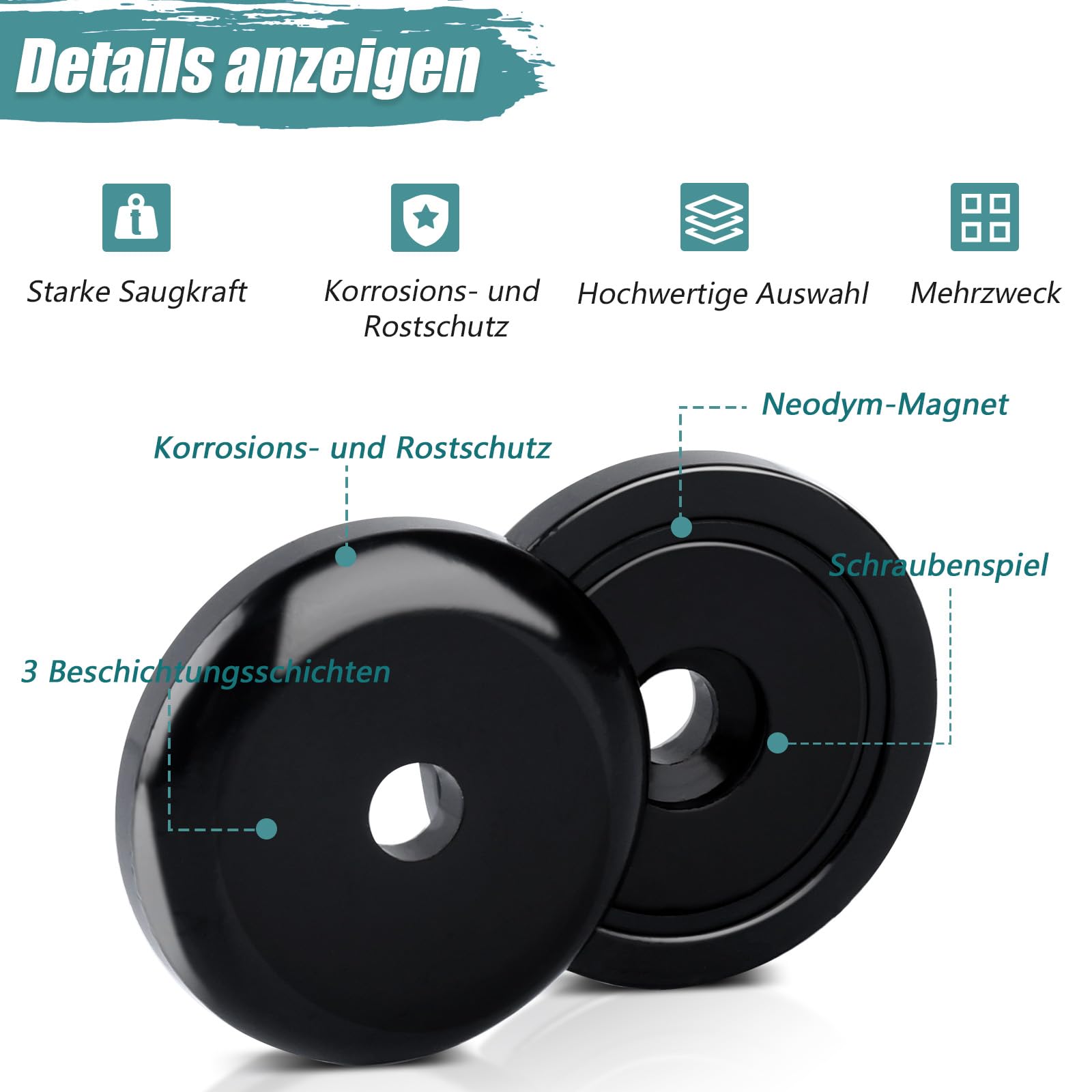 Magneti forti al neodimio 20x7 mm 10 kg nero con foro e capsula