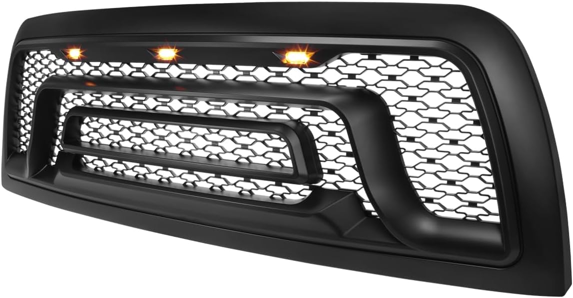 Spec-D Tuning Matte Black Front Bumper Hood Grille w/Amber LED Lights Compatible with 2010-2018 Dodge Ram 2500 3500 Truck