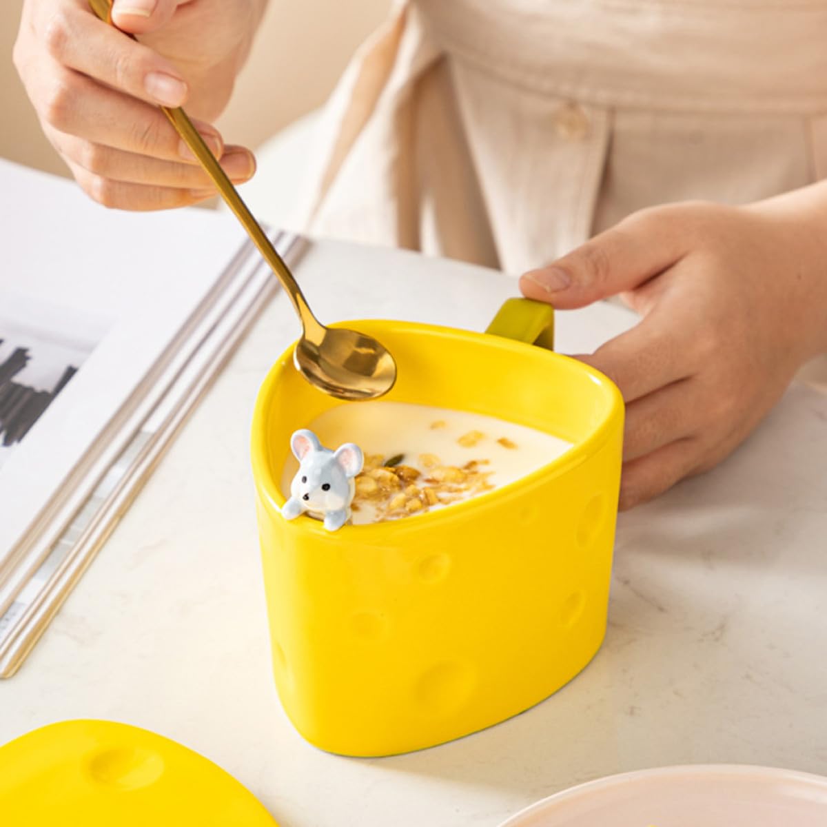 Keramik Kaffeebecher Satz 1 Satz mit Käseförmigem Milchbecher und Joghurtbecher Gelb Leicht zu Reinigen für Frühstück und Arbeit Am