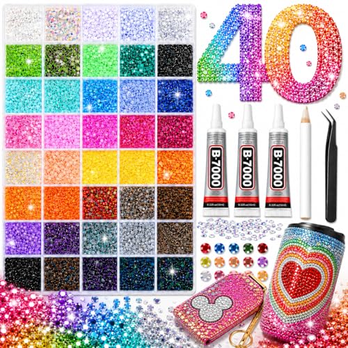 40000Pcs 40 Colors Jelly Resin Kit Bedazzling Kit Bedazzler Kit with Rhinestones 3mm Flatback Gems with B7000 Glue & Tools for Crafts Nails Shoes