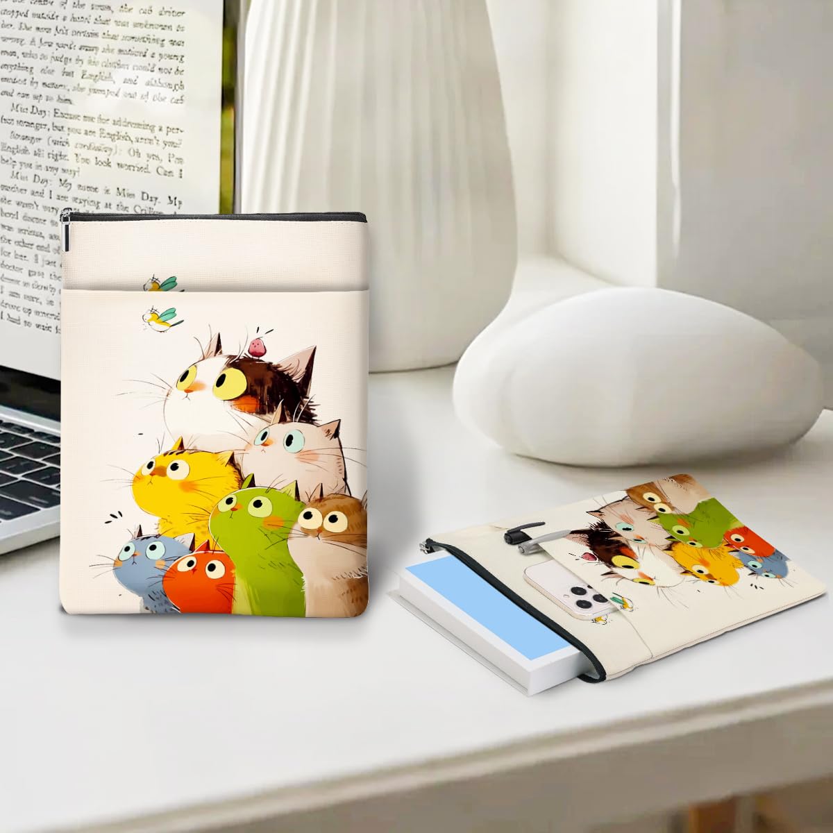 Cartoon Cat Bird Book Sleeve, Book Lovers Gifts Sleeve with Zipper & Front Pocket, 11.5x8.8 Inch Canvas Books Cover Protector Bookish Cat Lover Gifts for Readers Women Friend Birthday Gift — view 3