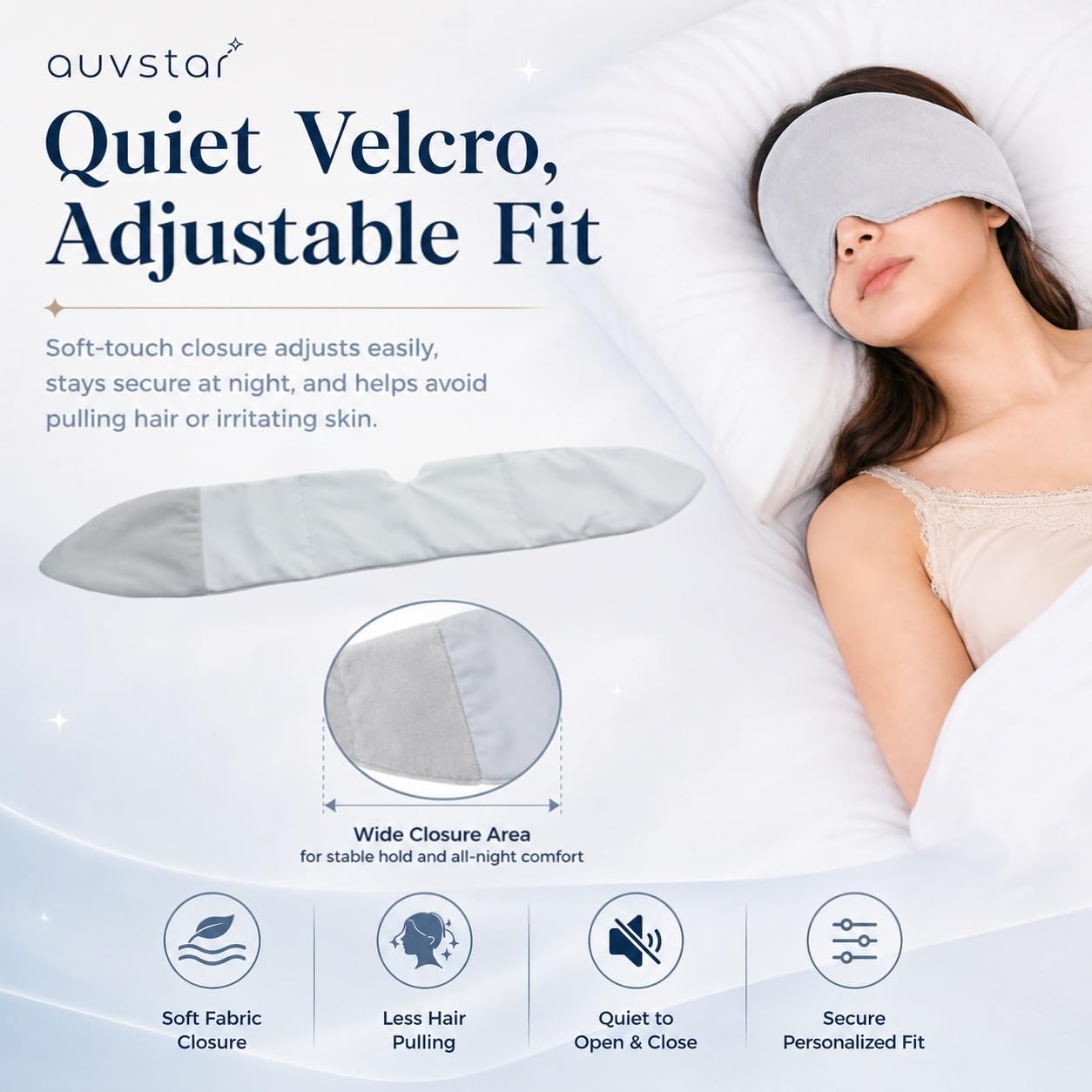 auvstar Antifaz para Dormir, Antifaz Seda y Algodón con Bolas de Gravedad, Velcro Silencioso y Cremallera, 72x11.5cm, Talla Universal para Sueño Nocturno y Viajes en Avión