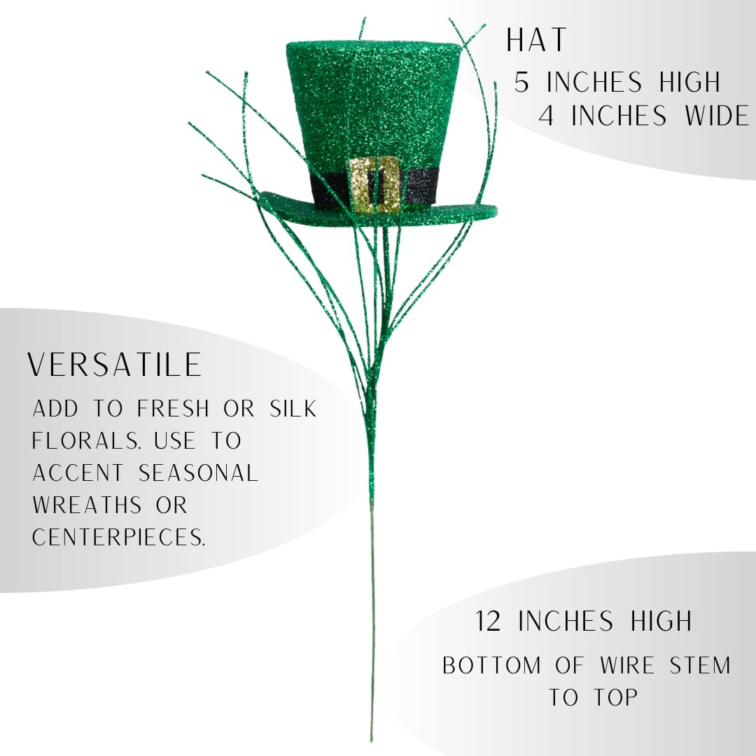 Factory Direct Craft Pack of 2 Saint Patrick's Day Glitter Leprechaun Hat Stems - Green Sparkle St. Paddy's Day Decoration for Irish Floral Arrangements and Decorations (12 Inches High)