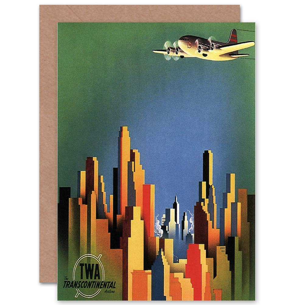 Wee Blue Coo TRAVEL TWA AIR FLIGHT PLANE CITY SKYSCRAPER USA AD GREETINGS CARD