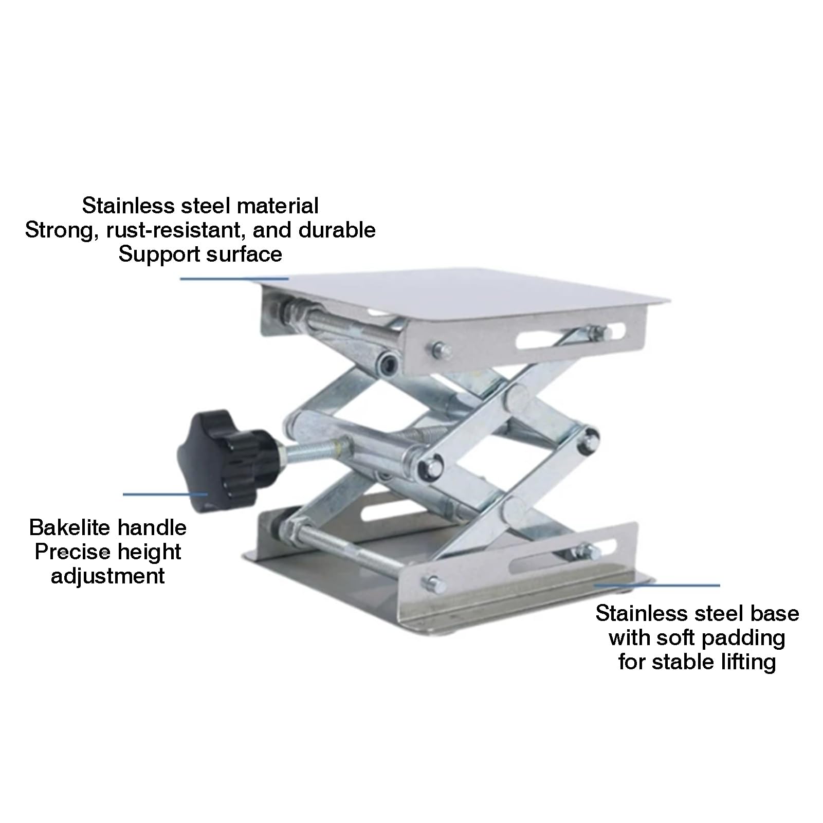 Soporte De Elevación Laboratorio Acero Inoxidable, Plataforma Nivel Manual | Con soporte transversal y almohadilla antideslizante, altura ajustable 50-460 mm(250x250mm)