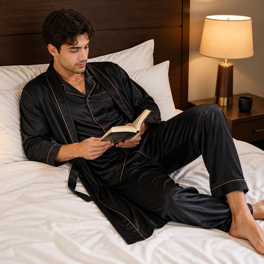 3-teiliger Herren-Satin-Pyjama mit Seidenhemd, weiche Loungewear, klassischer Schlafanzug