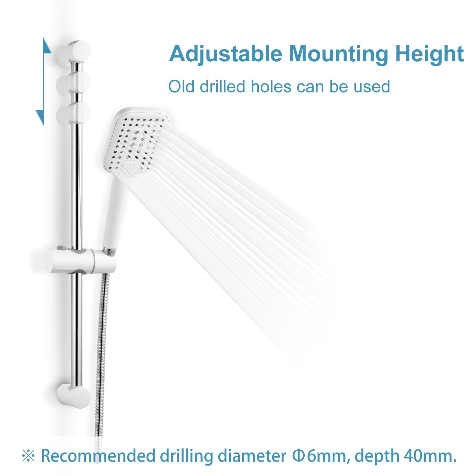OFFO Set doccia in Acciaio Inox–Asta Doccia con Soffione da 60 cm,Soffione grande con Flessibile e supporto, 3 Tipi di Getto,Altezza Regolabile,Bianco