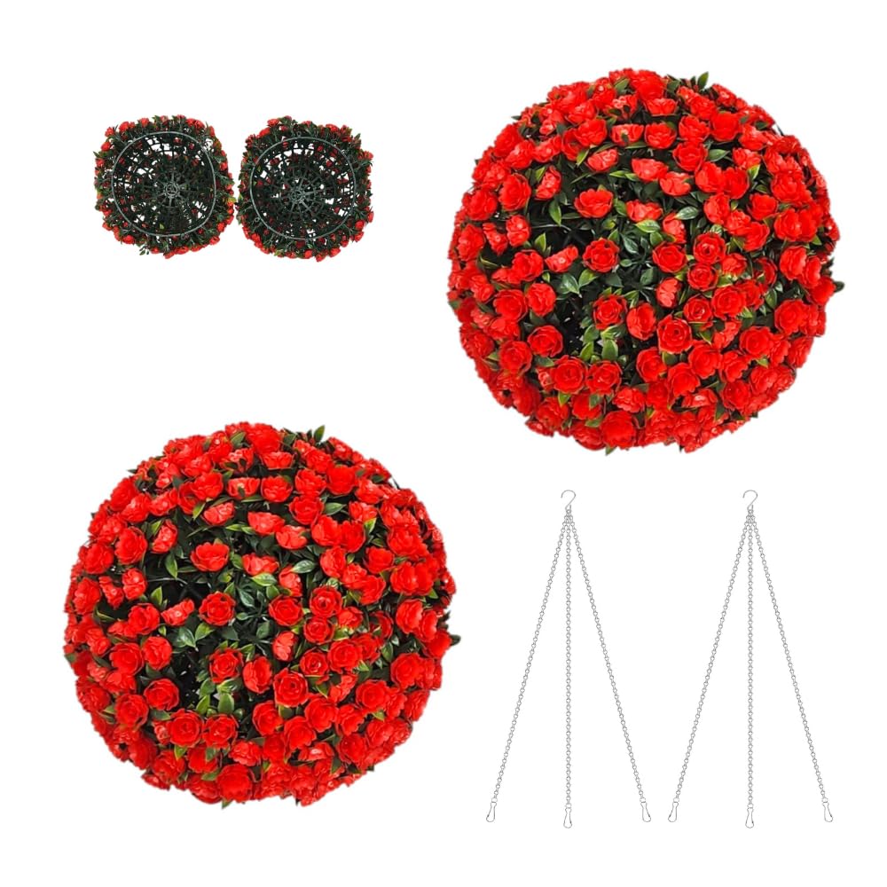 Parkland® Pack of 2 Topiary Balls 28cm - Artificial Plant Boxwood Sphere, UV Protected, No Maintenance Fake Leaf, Easy to Assemble Hanging Balls for Patio, Garden, Indoor & Outdoor - Rose Red