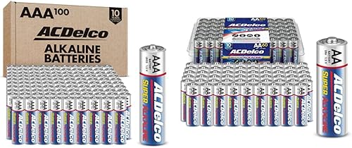 ACDelco 100 pilas AAA, batería súper alcalina de máxima potencia y ACDelco 60 pilas AA, batería súper alcalina de máxima potencia, 10 años de vida