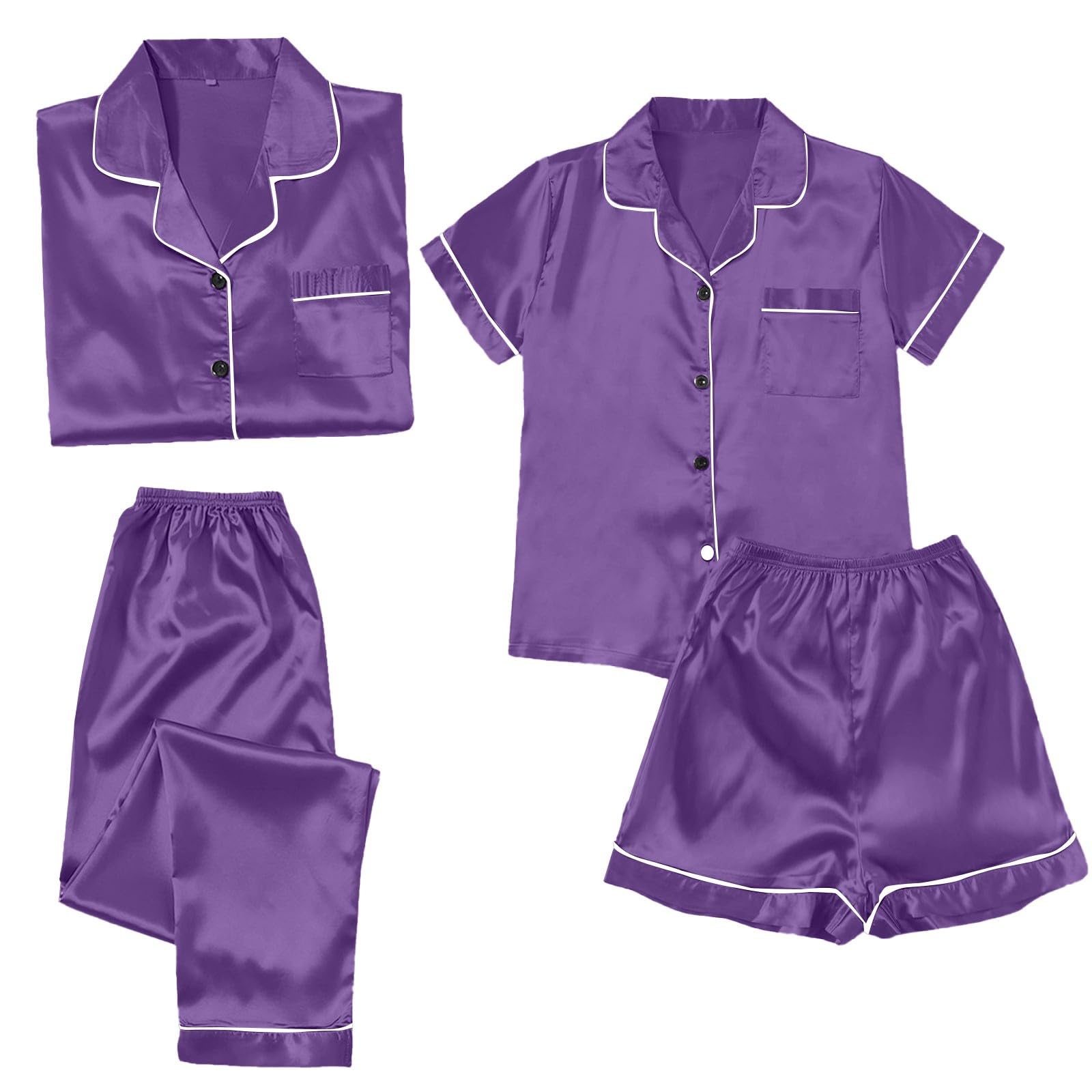 Generisch Pijama de 4 piezas para mujer, pijama de satén para mujer, pijama corto con botón para mujer, ropa de dormir de seda, conjunto de pijama largo de gran tamaño, conjunto de pijama de verano de