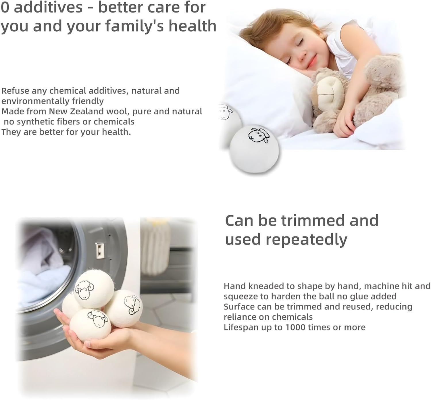 Wool Dryer Balls (Pack of 6), Premium Reusable New Zealand Natural Fabric Softener，Save Drying Time，Reduced Creasing of Clothing(1 (Pack of 6))