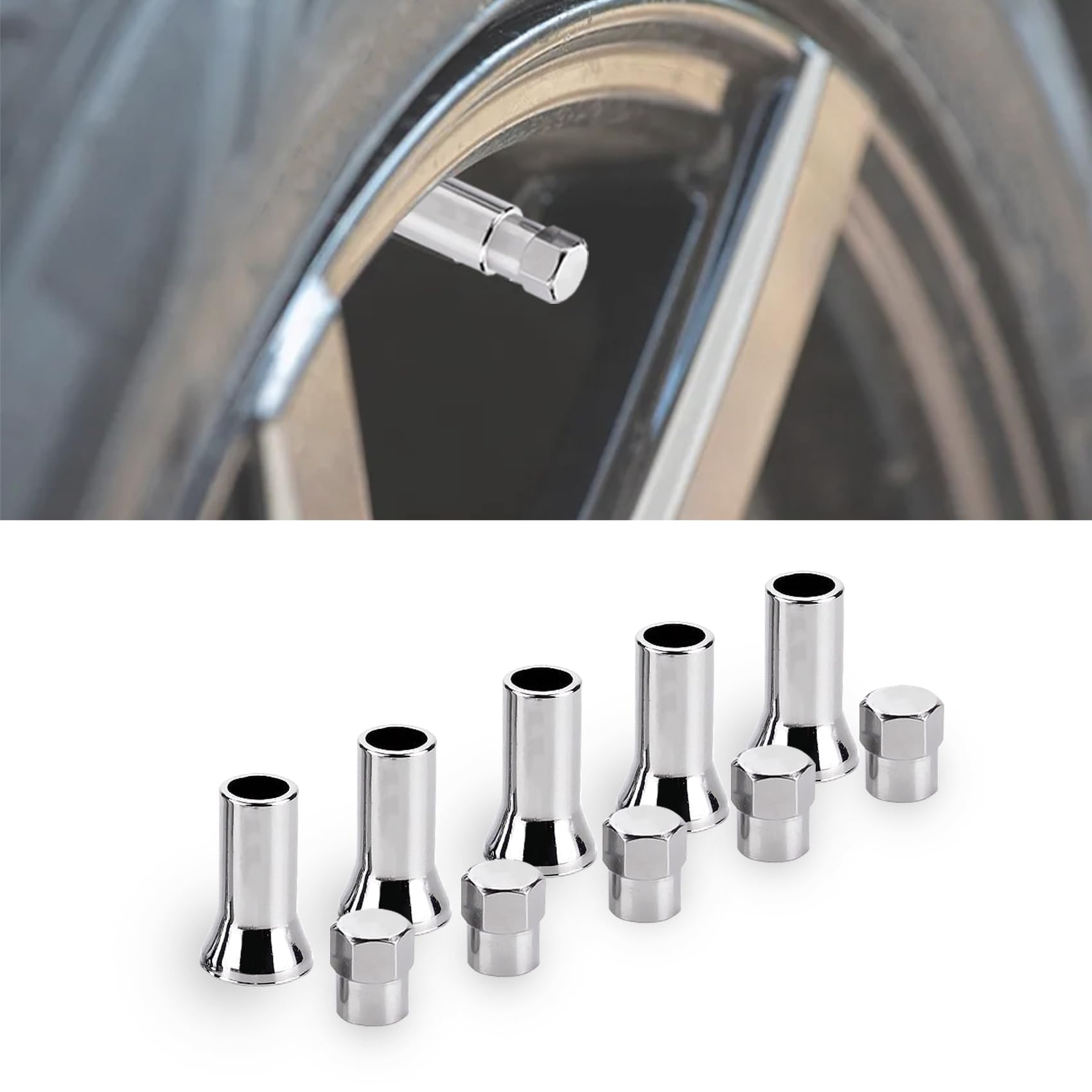 HAOBO TR414 - Universal TPMS Chrome Valve Stem Sleeve Covers and Cap Dress Up Kit- Set of 5, FITS All TPMS Rubber Valve Stems for All Make and Model Cars and Trucks with TPMS Sensors