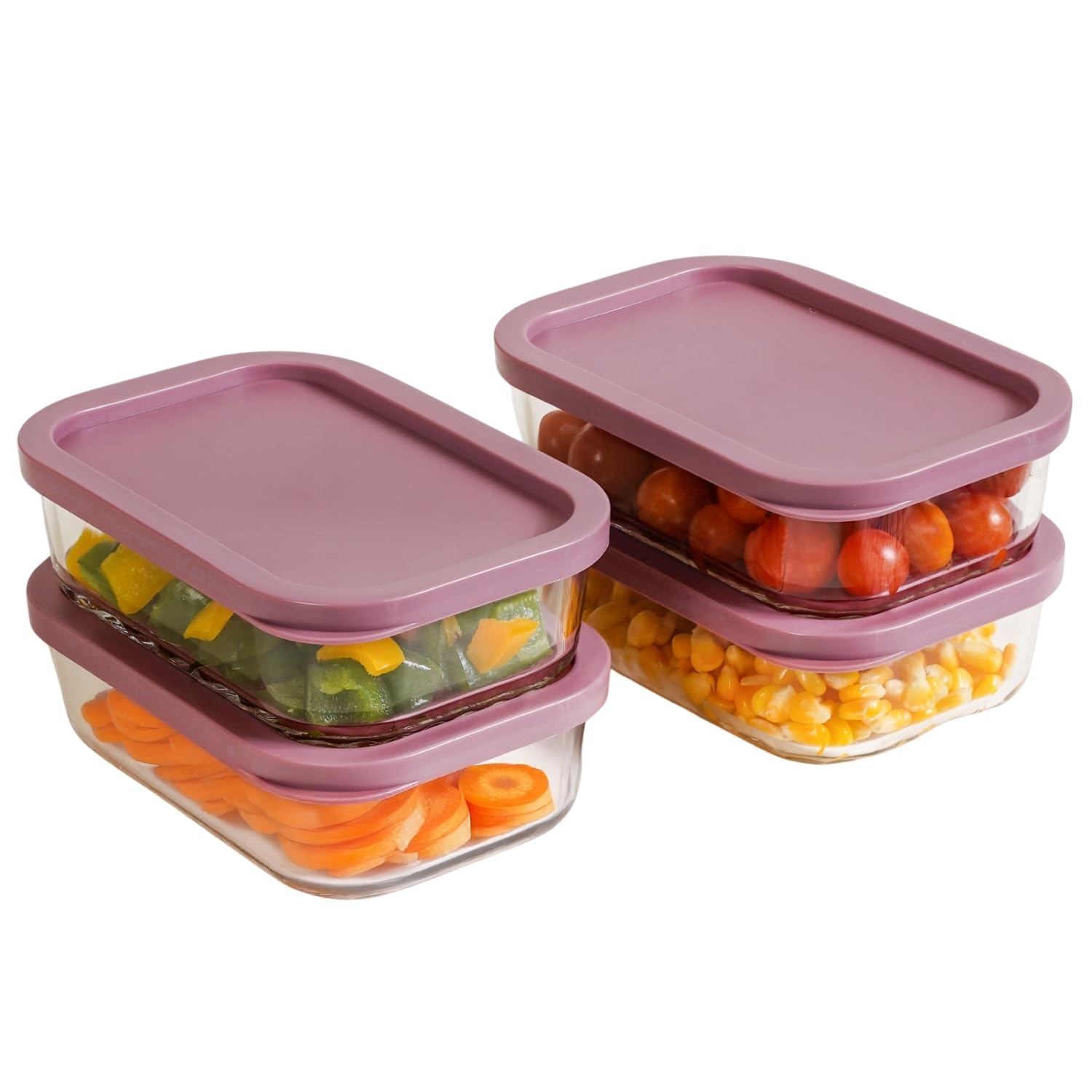 Nestasia Groovo Glass Containers for Fridge Storage Set of 4 (520ml Each) - Transparent Stackable Glass Container with Lid, Microwave & Dishwasher Safe Containers with Ribbed Texture (Purple)