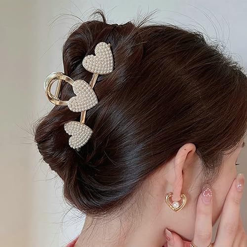 Miniatura 3 de Pinza para el cabello con forma de corazón con perlas pinza de metal grande antideslizante para el cabello grueso roscado pinzas de garra dorada