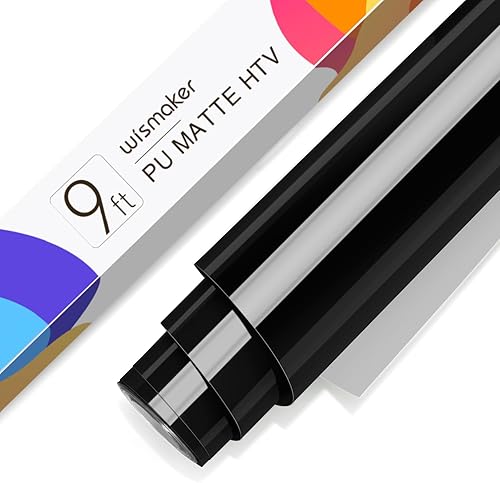 WISMAKER Rollo de vinilo de transferencia de calor HTV negro, rollo de vinilo mate de poliuretano HTV de 12 pulgadas x 9 pies para camisas, vinilo