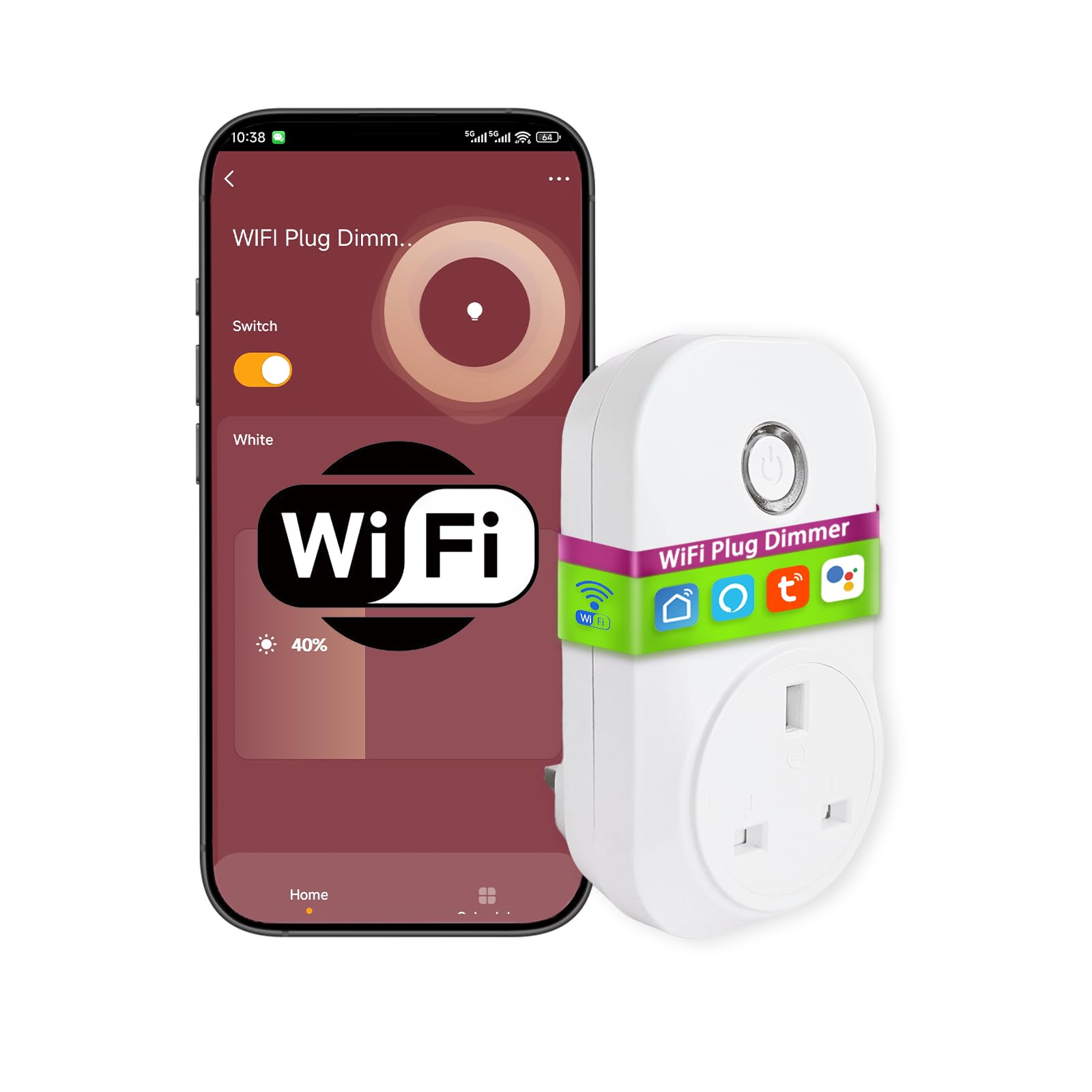 Bilisty WiFi Smart Plug Dimmer, UK 3 Pin Plug 230V, Triac Dimmable Socket, Works with Alexa Google Home, Tuya Smart Life App Remote Control, No Hub Required, Max 200W for Dimmable LED Halogen Lamps