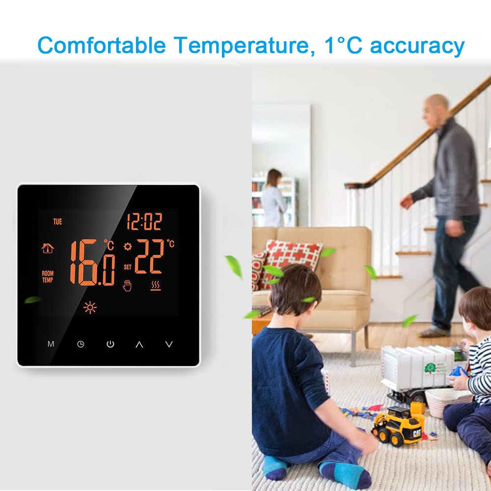 Matybobe Termostato digitale 16 A, regolatore di temperatura digitale, display LCD, touch screen, settimana, programmabile, termostato per Home School Arancione, Termostato per Riscaldamento