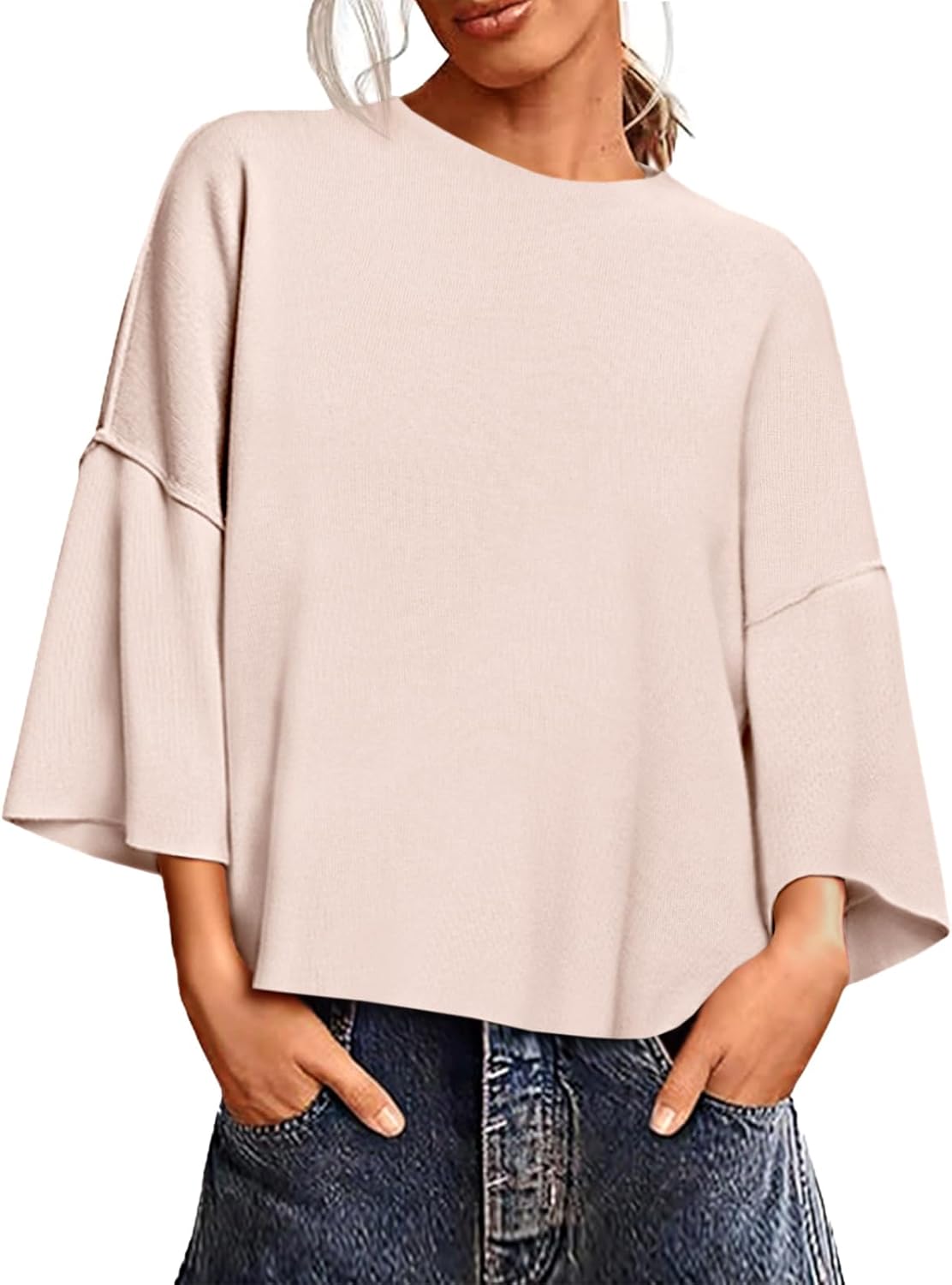 Saodimallsu Womens 3/4 Sleeve Sweaters Lightweight Crewneck Loose Pullover Casual Oversized Fall Knit Tops