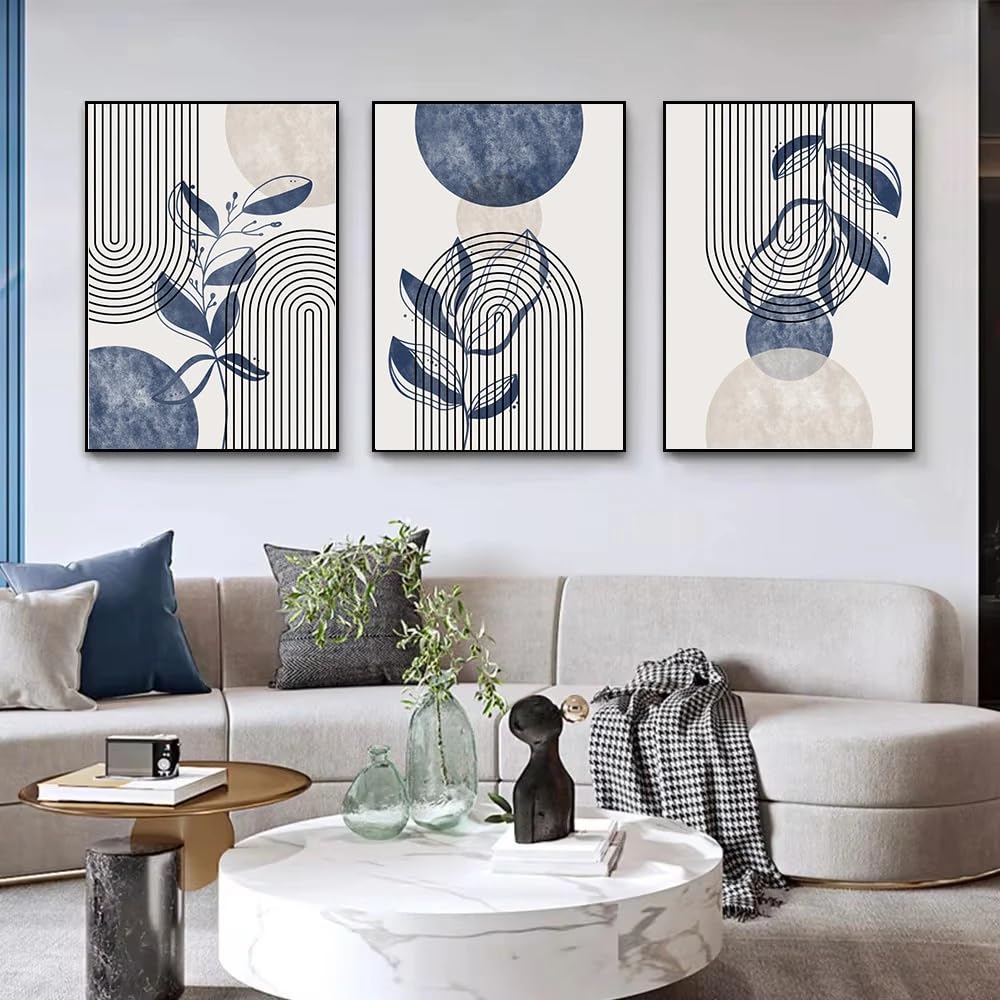 CLJKDX Abstract Beige Sky Blue Geometric Wall Print Painting Botanical Lines Canvas Poster Boho Art Prints Modern Living Room Kitchen Office Decor-50 * 70cm*3PCS (No Frame)