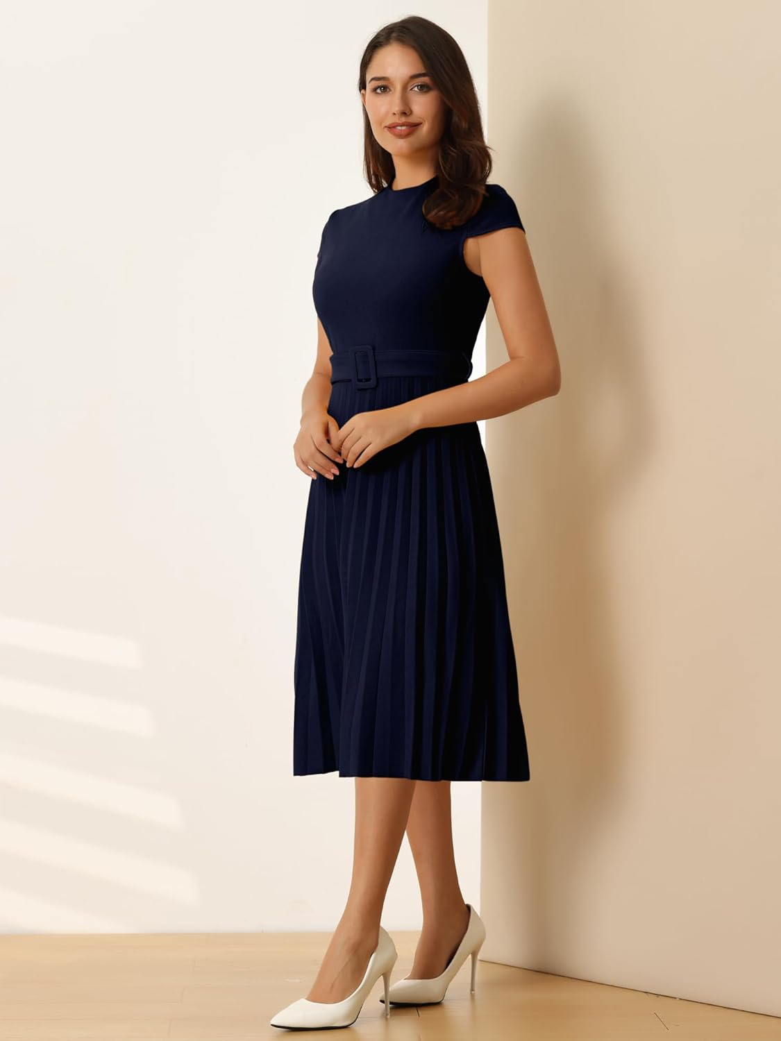 Women's Pleated Dress Mock Neck Cap Sleeve Belted A-Line Dresses - Image 3