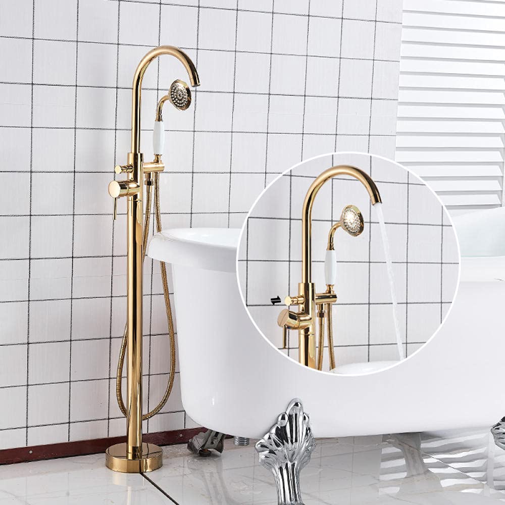 ASerZenith Floor Mounted Tub Sink Faucet Single Handle Bathroom Bath Shower Set Free Standing Bathtub Mixer Tap with Handshower(Gold E)