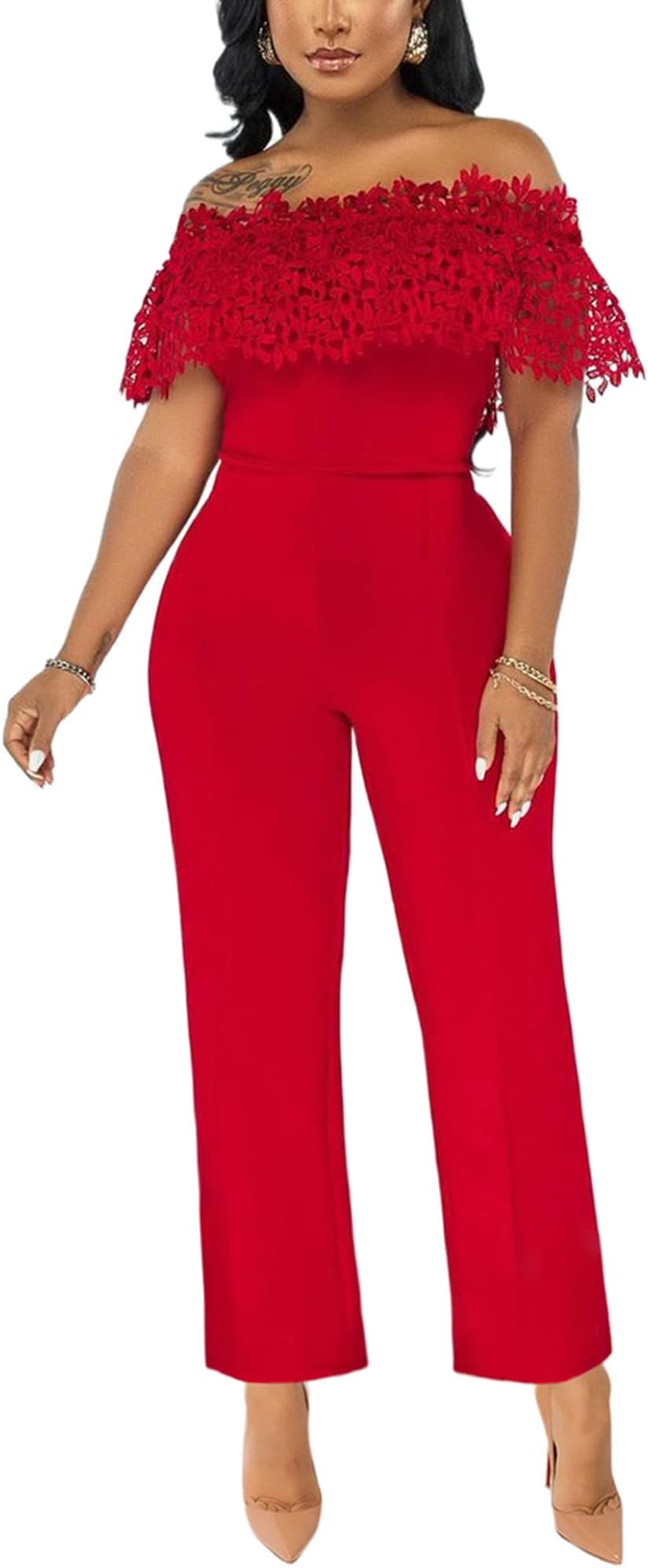 Women’s Off Shoulder Lace Top Long Wide Leg High Waisted Jumpsuits Rompers