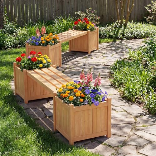 TANGZON Wood Planter Box with Bench, Raised Garden Bed with Seat & Open-ended Base, Outdoor Flower Planter Kit Patio Decor Bench for Garden Yard Balcon (Natural,2 Planter Box, 105 x 26 x 30 cm) - Image 6