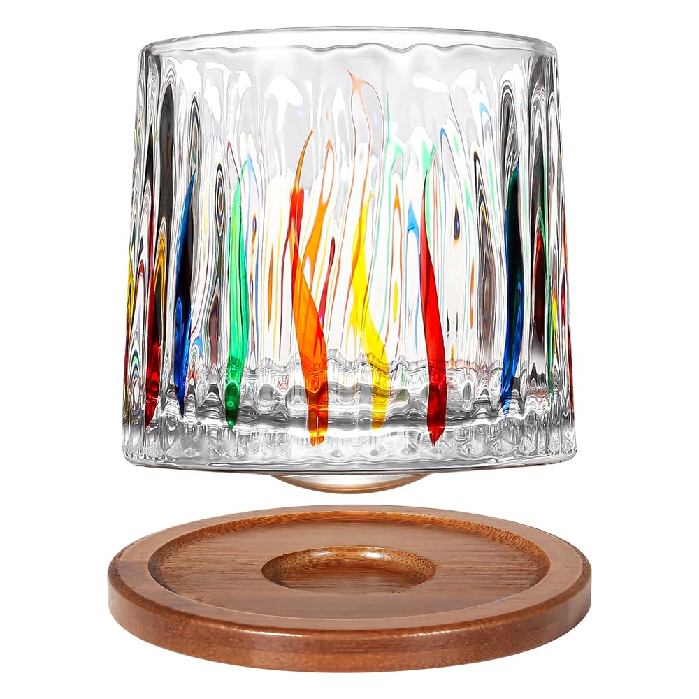 Uten Rotatable Old Fashioned Crystal Whiskey Glass, 275ml/10oz, Wood Coaster, Thickening, for Rum Cocktails, Coffee, Milk