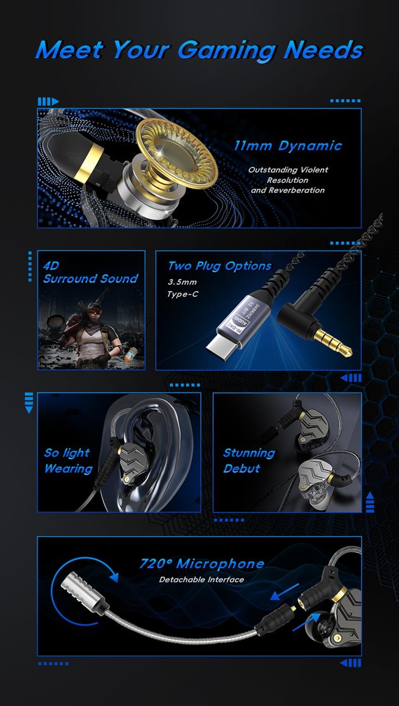 KG01 Professional Gaming Earbuds,Battle Buds,Detachable Microphone, 4D Surround Sound,11mm Dynamic Driver for Mobile Gaming, PlayStation,PC with 3.5mm/Type-c (3.5mm, Black)