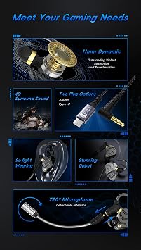 XOX KG01 Professional Gaming Earbuds,Battle Buds,Detachable Microphone, 4D Surround Sound,11mm Dynamic Driver for Mobile Gaming, PlayStation,PC with 3.5mm/Type-c (3.5mm, Black)