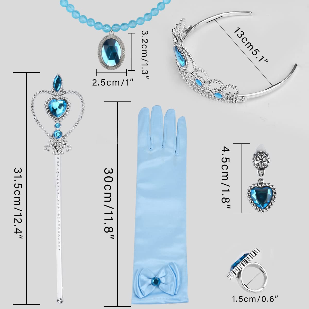 BUUFAN Girl Princess Dress up Accessories Costume Cosplay Queen Jewelry-Crown Wand Gloves Necklace Earrings Halloween Party,5 Pieces Set (Blue)