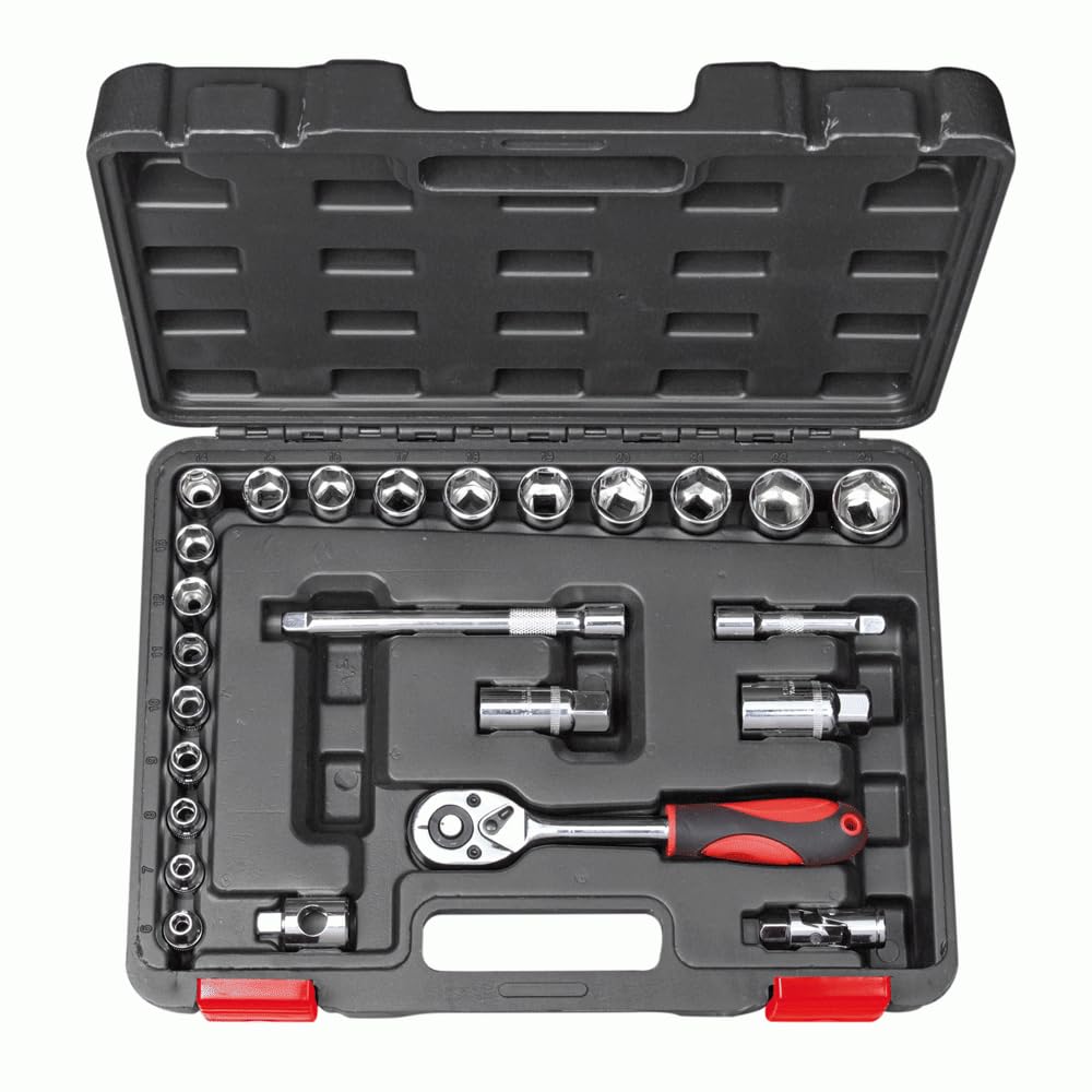 Valex Set Chiavi a Bussola SuperLock 25 Pezzi Nr.18 – Attacco 3/8" con Cricchetto Reversibile, Bussole 6–24 mm, Prolunghe, Snodo Cardanico e Valigetta