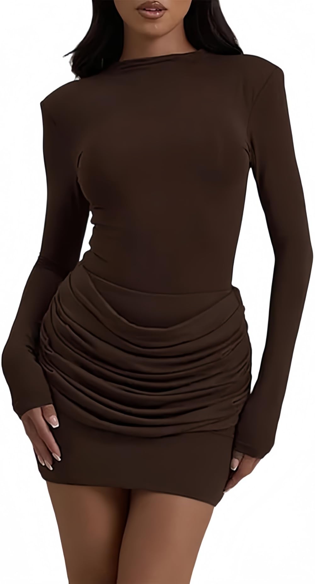 Vestito Donna Elegante Maniche Lunghe Collo Alto Mini Abito con Drappeggio Sexy Vestiti Corto Aderente Tubino Abiti per Festa Discoteca Sera Cocktail Autunno Inverno Casual Streetwear