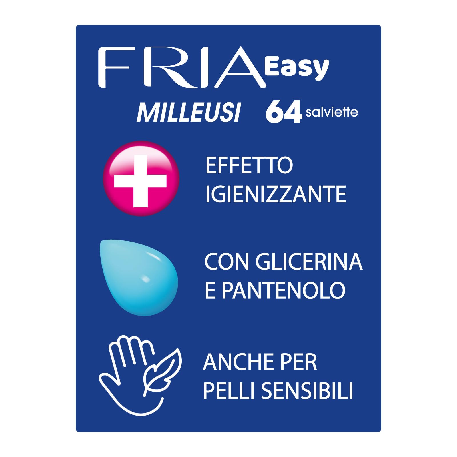 Fria Easy Salviette Milleusi, con Glicerina e Pantenolo ad Effetto Igienizzante sulla Pelle, Dermatologicamente Testate, Confezione da 64 Salviette