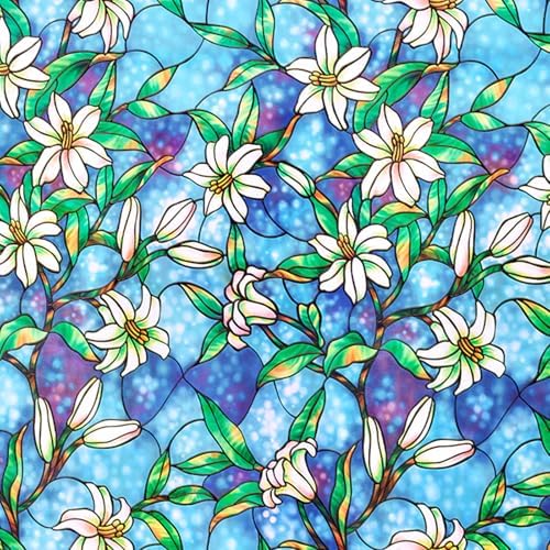 Coavas Decorative Window Privacy Film, Heat Control Sun Blocking Stained Glass Window Film, Floral Design Static Cling, Non Adhesive Windows Tint for Bathroom Front Door(Vinyl, 17.5