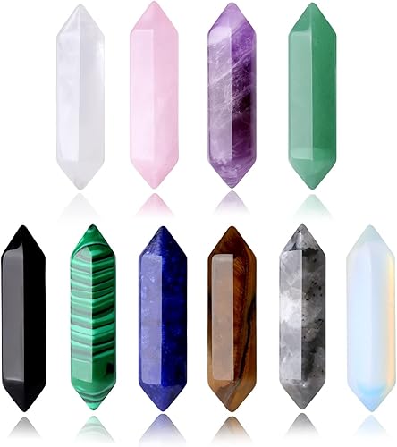Juego de 10 piedras de cristal curativo amatista natural cuarzo rosa ojo de tigre piedras preciosas reiki puntos hexagonales equilibrio energético
