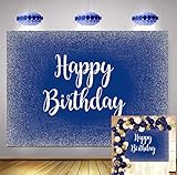 Royal Blue Happy Birthday Backdrop Adults Mans Boys Bday Party Banner Silver Glitter Spots Photography Background Table Wall Decorations Photo Shoot Booth Studio Props