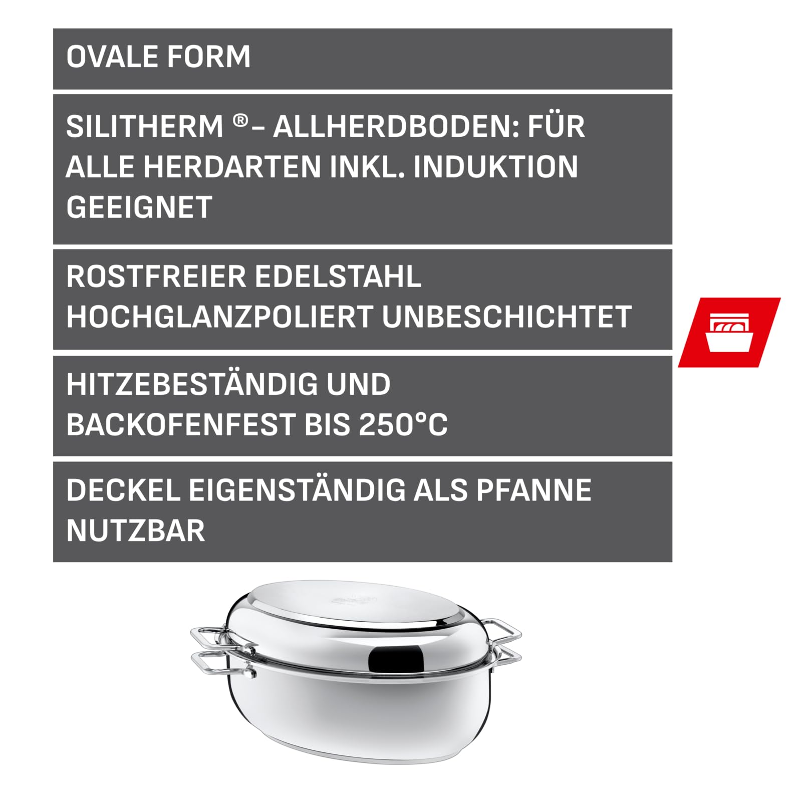 Silit Bräter mit Deckel backofengeeignet, 7,7l, Bräter oval, Edelstahl Bräter Induktion, Induktionsdeckel, Schmortopf 38 x 26 x 12,2 cm
