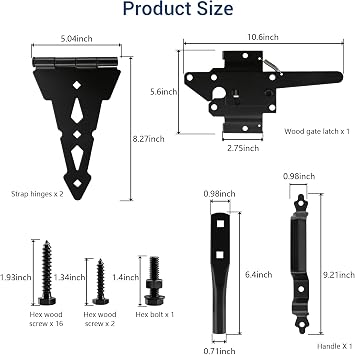 HOME MASTER HARDWARE Wood Gate Hardware Set-Heavy Duty 8 Decorative Strap Hinges and Spring Loaded Latch Gate Kit with Screws for Outdoor Fence Swing Gate Black Finish